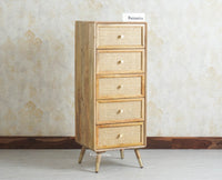 Boston Solid Wood Rattan Cane Tall Chest of Drawer Five Drawer Furniselan Natural Finish