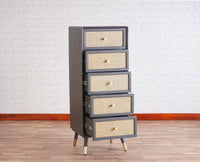 Boston Solid Wood Rattan Cane Tall Chest of Drawer Five Drawer - Chest of Drawer - Furniselan Slate-Grey