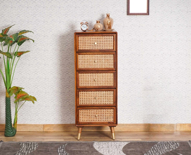 Boston Solid Wood Rattan Cane Tall Chest of Drawer Five Drawer Furniselan Brown-Finish