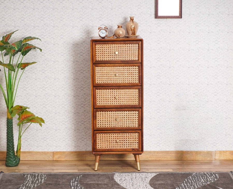 Boston Solid Wood Rattan Cane Tall Chest of Drawer Five Drawer Furniselan Brown-Finish