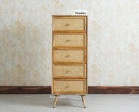 Boston Solid Wood Rattan Cane Tall Chest of Drawer Five Drawer Furniselan Natural Finish