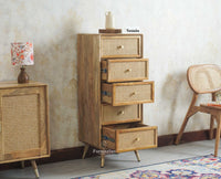Boston Solid Wood Rattan Cane Tall Chest of Drawer Five Drawer Furniselan Natural Finish