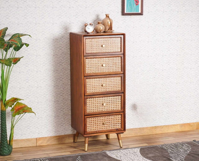 Boston Solid Wood Rattan Cane Tall Chest of Drawer Five Drawer Furniselan Brown-Finish