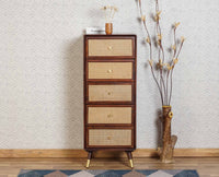 Boston Solid Wood Rattan Cane Tall Chest of Drawer Five Drawer Furniselan Grey-Finish