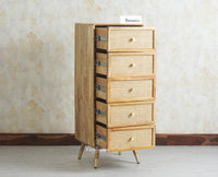 Boston Solid Wood Rattan Cane Tall Chest of Drawer Five Drawer Furniselan Natural Finish