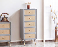 Boston Solid Wood Rattan Cane Tall Chest of Drawer Five Drawer - Chest of Drawer - Furniselan Cool-Grey