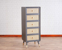 Boston Solid Wood Rattan Cane Tall Chest of Drawer Five Drawer - Chest of Drawer - Furniselan Slate-Grey