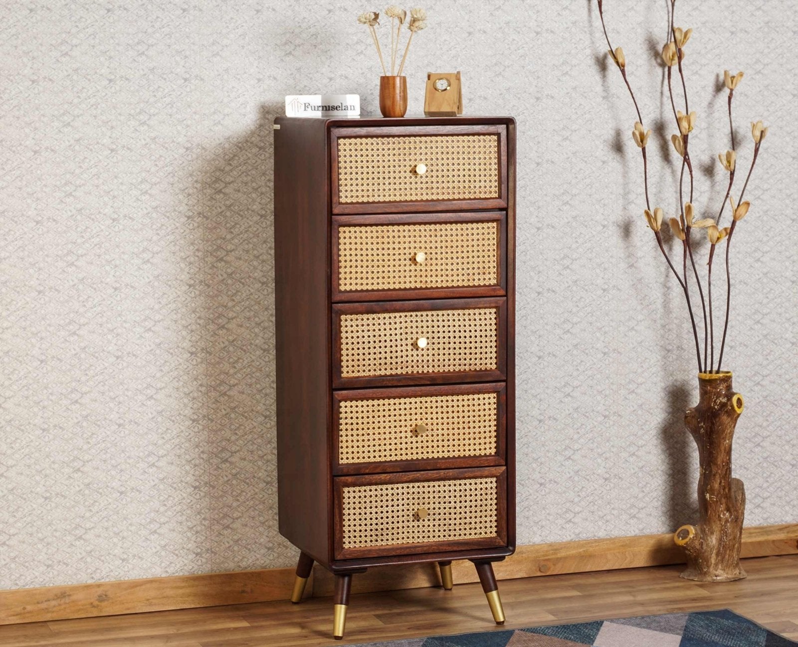 Chanon Drawer Boston Solid Wood Rattan Cane Chest of Drawer Five Drawer