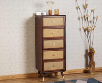 Boston Solid Wood Rattan Cane Tall Chest of Drawer Five Drawer Furniselan Grey-Finish