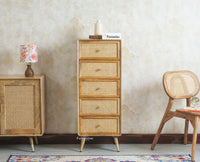 Boston Solid Wood Rattan Cane Tall Chest of Drawer Five Drawer Furniselan Natural Finish