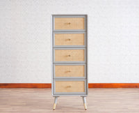 Boston Solid Wood Rattan Cane Tall Chest of Drawer Five Drawer - Chest of Drawer - Furniselan Cool-Grey