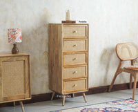 Boston Solid Wood Rattan Cane Tall Chest of Drawer Five Drawer Furniselan Natural Finish