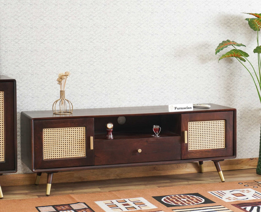 Boston Solid Wood Rattan Cane Tv Cabinet Furniselan Grey-Finish