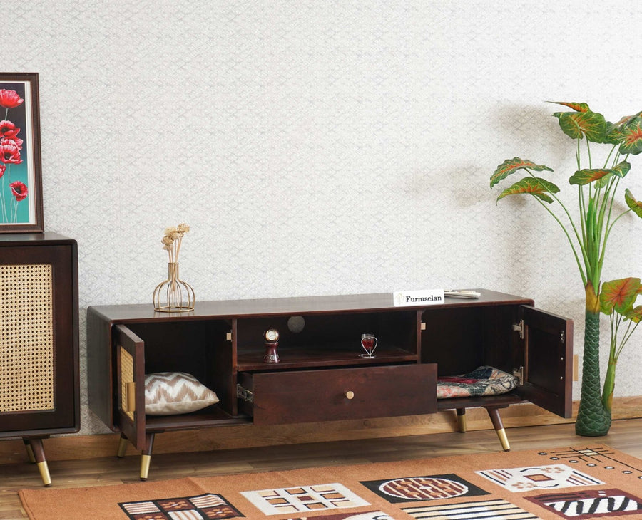 Boston Solid Wood Rattan Cane Tv Cabinet Furniselan Grey-Finish