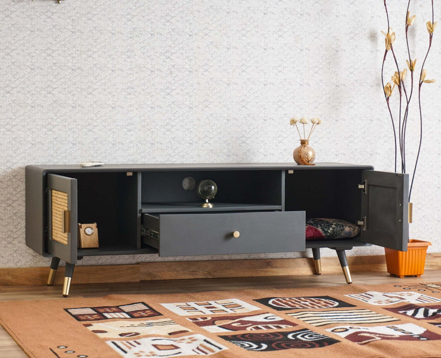 Boston Solid Wood Rattan Cane Tv Cabinet Furniselan Slate-Grey