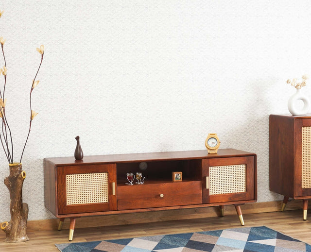 Boston Solid Wood Rattan Cane Tv Cabinet - Tv Cabinet - Furniselan Brown-Finish