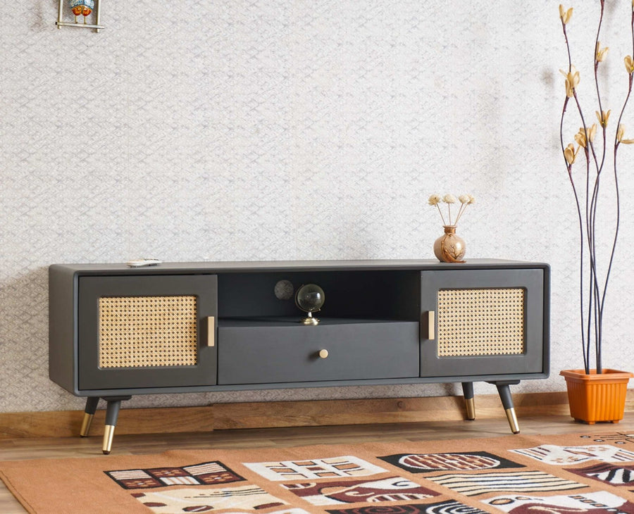 Boston Solid Wood Rattan Cane Tv Cabinet Furniselan Slate-Grey