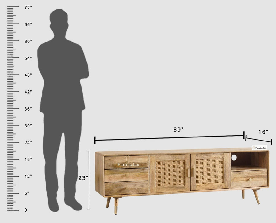 Boston Solid Wood Rattan Cane Tv Cabinet with Two Doors and Four Drawers - Tv Cabinet - Furniselan Natural-Finish