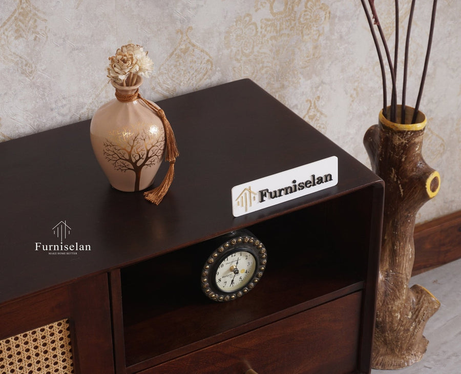 Boston Solid Wood Rattan Cane Tv Cabinet with Two Doors and Four Drawers - Tv Cabinet - Furniselan Grey-Finish