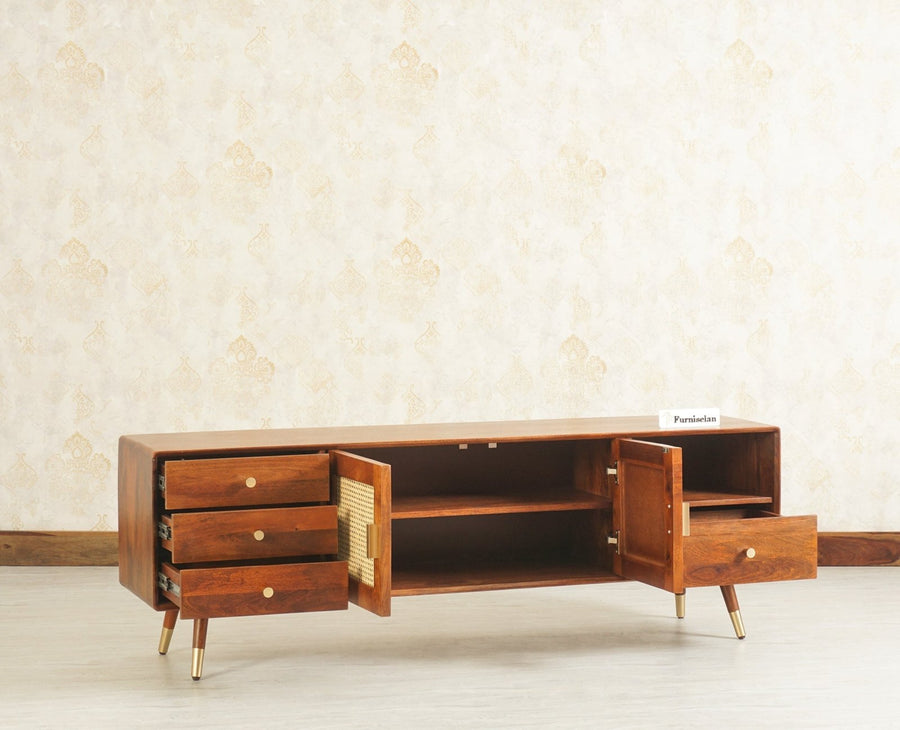 Boston Solid Wood Rattan Cane Tv Cabinet with Two Doors and Four Drawers - Tv Cabinet - Furniselan Brown-Finish