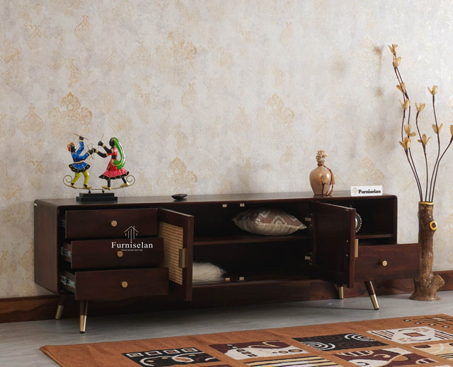 Boston Solid Wood Rattan Cane Tv Cabinet with Two Doors and Four Drawers - Tv Cabinet - Furniselan Grey-Finish