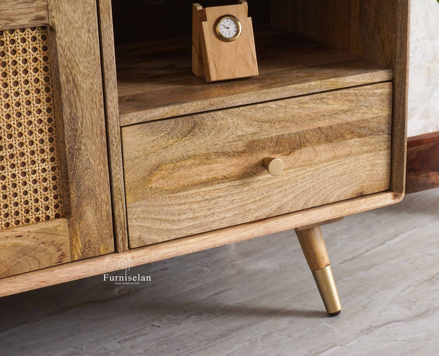 Boston Solid Wood Rattan Cane Tv Cabinet with Two Doors and Four Drawers - Tv Cabinet - Furniselan Natural-Finish