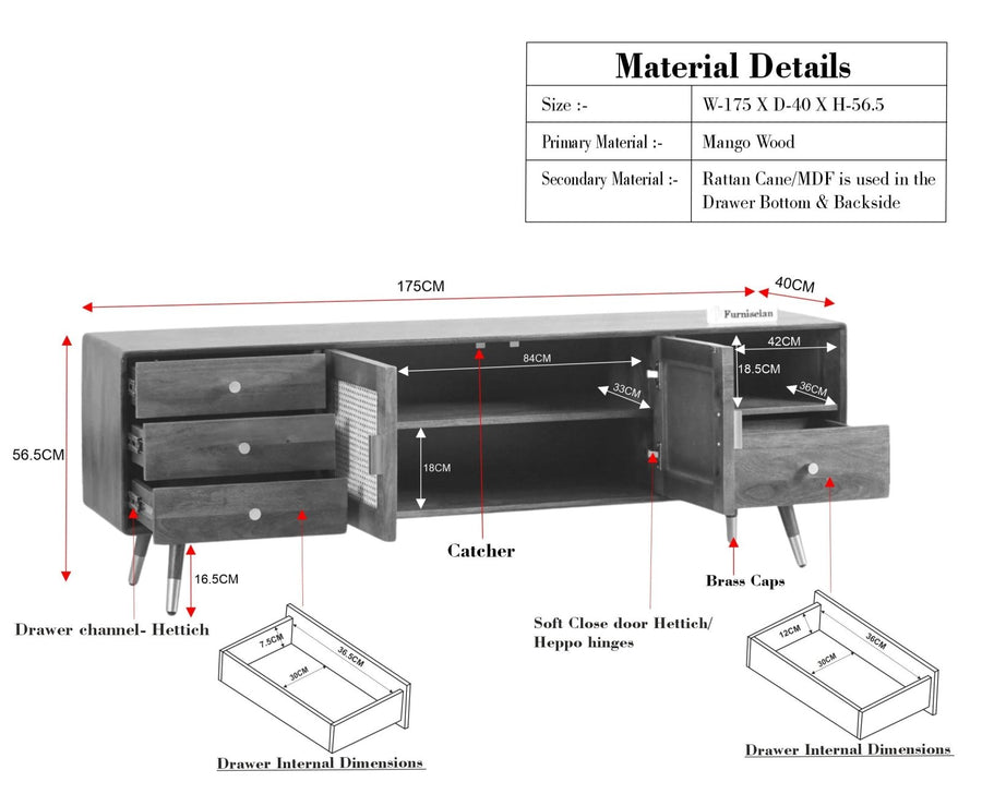 Boston Solid Wood Rattan Cane Tv Cabinet with Two Doors and Four Drawers - Tv Cabinet - Furniselan Natural-Finish