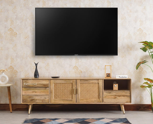 Boston Solid Wood Rattan Cane Tv Cabinet with Two Doors and Four Drawers - Tv Cabinet - Furniselan Natural-Finish