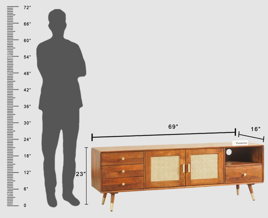 Boston Solid Wood Rattan Cane Tv Cabinet with Two Doors and Four Drawers - Tv Cabinet - Furniselan Brown-Finish