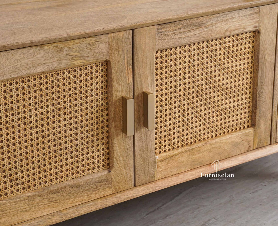 Boston Solid Wood Rattan Cane Tv Cabinet with Two Doors and Four Drawers - Tv Cabinet - Furniselan Natural-Finish
