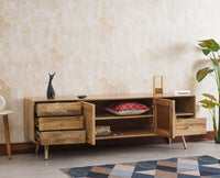 Boston Solid Wood Rattan Cane Tv Cabinet with Two Doors and Four Drawers - Tv Cabinet - Furniselan Natural-Finish