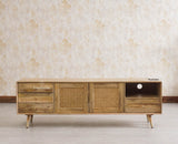Boston Solid Wood Rattan Cane Tv Cabinet with Two Doors and Four Drawers - Tv Cabinet - Furniselan Natural-Finish