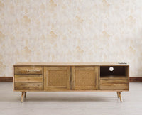 Boston Solid Wood Rattan Cane Tv Cabinet with Two Doors and Four Drawers - Tv Cabinet - Furniselan Natural-Finish