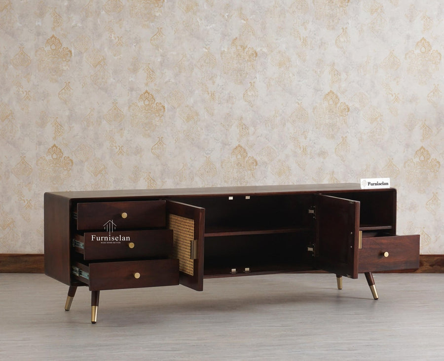 Boston Solid Wood Rattan Cane Tv Cabinet with Two Doors and Four Drawers - Tv Cabinet - Furniselan Grey-Finish