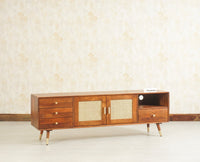 Boston Solid Wood Rattan Cane Tv Cabinet with Two Doors and Four Drawers - Tv Cabinet - Furniselan Brown-Finish