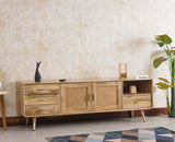 Boston Solid Wood Rattan Cane Tv Cabinet with Two Doors and Four Drawers - Tv Cabinet - Furniselan Natural-Finish