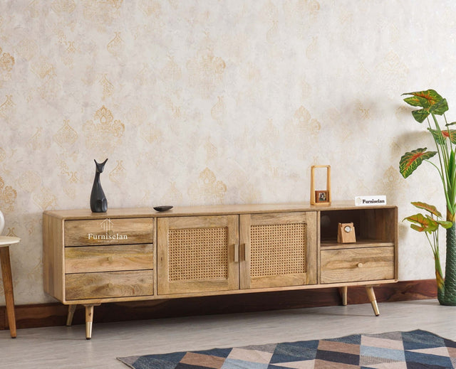 Boston Solid Wood Rattan Cane Tv Cabinet with Two Doors and Four Drawers - Tv Cabinet - Furniselan Natural-Finish