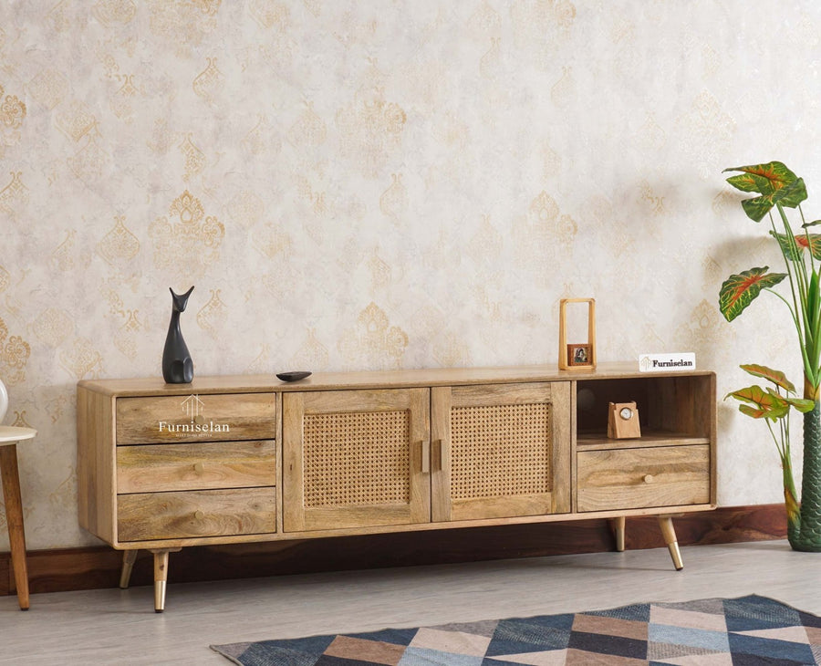 Boston Solid Wood Rattan Cane Tv Cabinet with Two Doors and Four Drawers - Tv Cabinet - Furniselan Natural-Finish