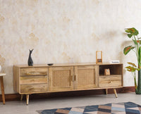 Boston Solid Wood Rattan Cane Tv Cabinet with Two Doors and Four Drawers - Tv Cabinet - Furniselan Natural-Finish