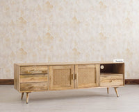 Boston Solid Wood Rattan Cane Tv Cabinet with Two Doors and Four Drawers - Tv Cabinet - Furniselan Natural-Finish
