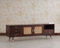 Boston Solid Wood Rattan Cane Tv Cabinet with Two Doors and Four Drawers - Tv Cabinet - Furniselan Grey-Finish