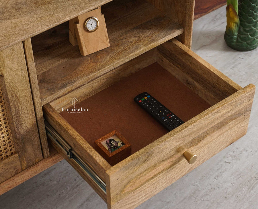 Boston Solid Wood Rattan Cane Tv Cabinet with Two Doors and Four Drawers - Tv Cabinet - Furniselan Natural-Finish