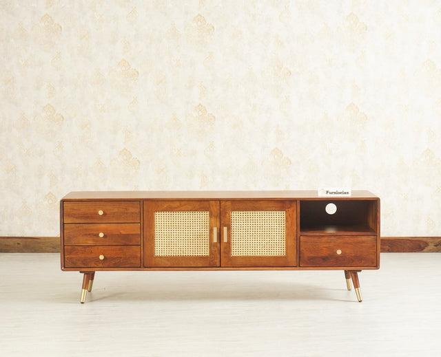 Boston Solid Wood Rattan Cane Tv Cabinet with Two Doors and Four Drawers - Tv Cabinet - Furniselan Brown-Finish