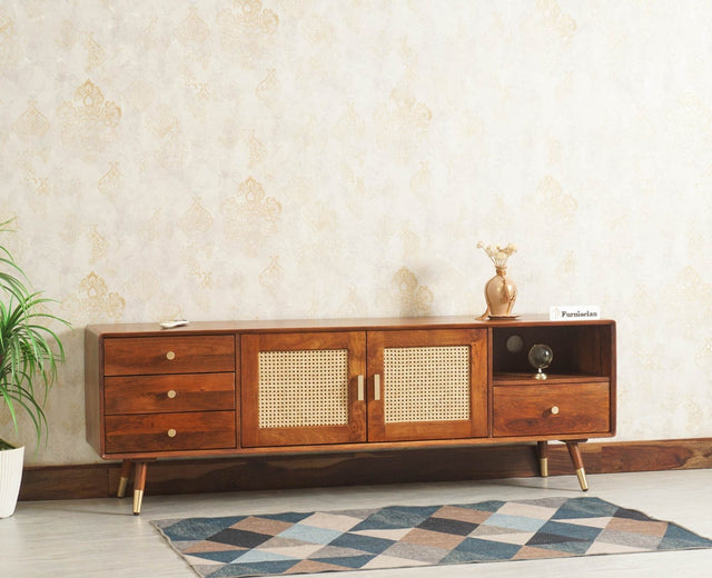 Boston Solid Wood Rattan Cane Tv Cabinet with Two Doors and Four Drawers - Tv Cabinet - Furniselan Brown-Finish