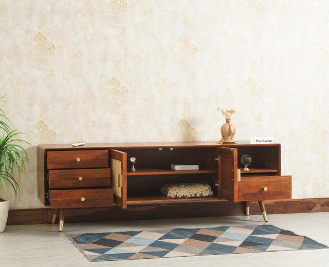 Boston Solid Wood Rattan Cane Tv Cabinet with Two Doors and Four Drawers - Tv Cabinet - Furniselan Brown-Finish