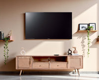 Boston Solid Wood Rattan Cane Tv Cabinet with Two Doors and Two Drawers - Tv Cabinet - Furniselan - Natural-Finish