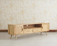 Boston Solid Wood Rattan Cane Tv Cabinet with Two Doors and Two Drawers Furniselan Natural Finish