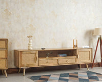 Boston Solid Wood Rattan Cane Tv Cabinet with Two Doors and Two Drawers Furniselan Natural Finish