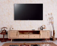 Boston Solid Wood Rattan Cane Tv Cabinet with Two Doors and Two Drawers - Tv Cabinet - Furniselan - Natural-Finish