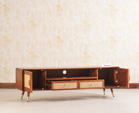 Boston Solid Wood Rattan Cane Tv Cabinet with Two Doors and Two Drawers - Tv Cabinet - Furniselan-Brown-Finish